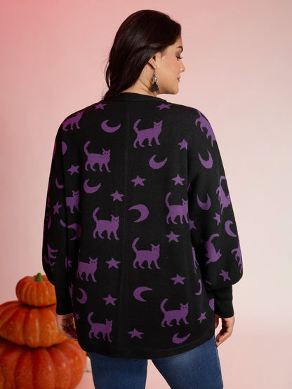 Halloween Jacquard Print Pockets Knit Cardigan