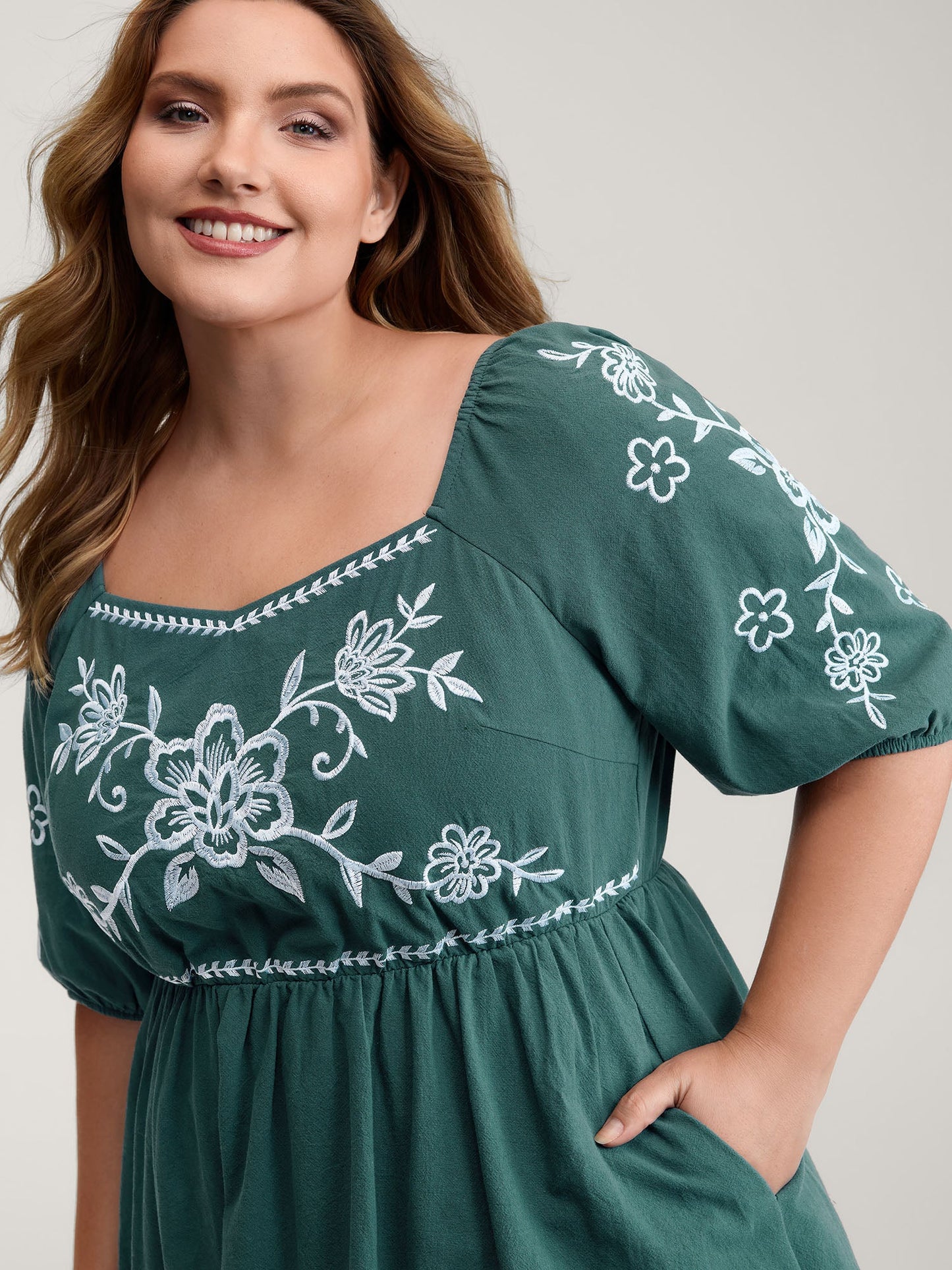 Pure Cotton Floral Embroidery Knee-Length Dress