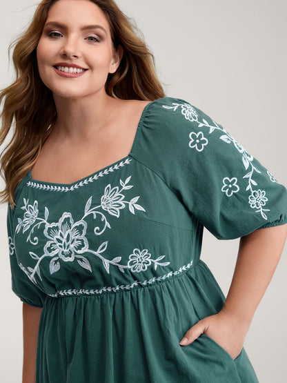 Pure Cotton Floral Embroidery Knee-Length Dress