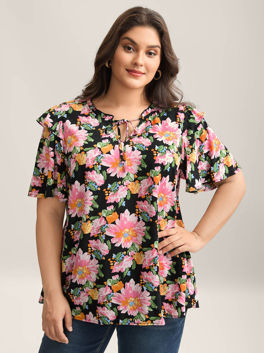 Large Flower Print Layered Sleeve Shirt