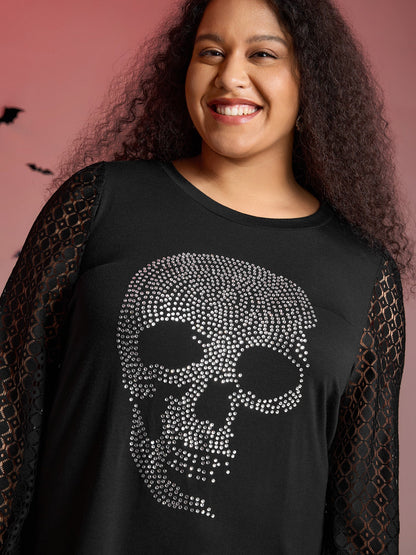 Halloween Skull Shimmery Rhinestones Lace T-Shirt