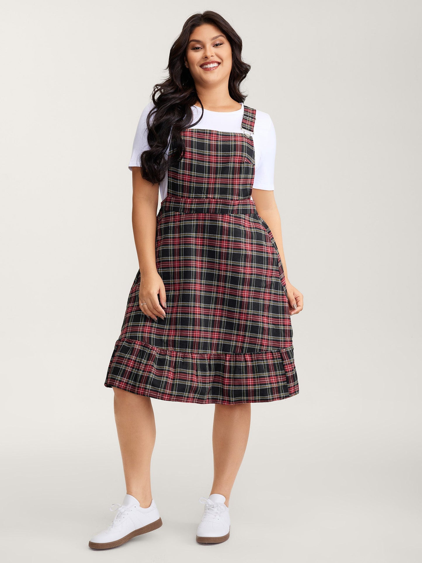 Checkered Pattern Overall Pockets Midi Dress