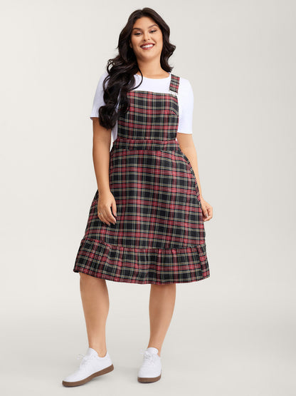 Checkered Pattern Overall Pockets Midi Dress