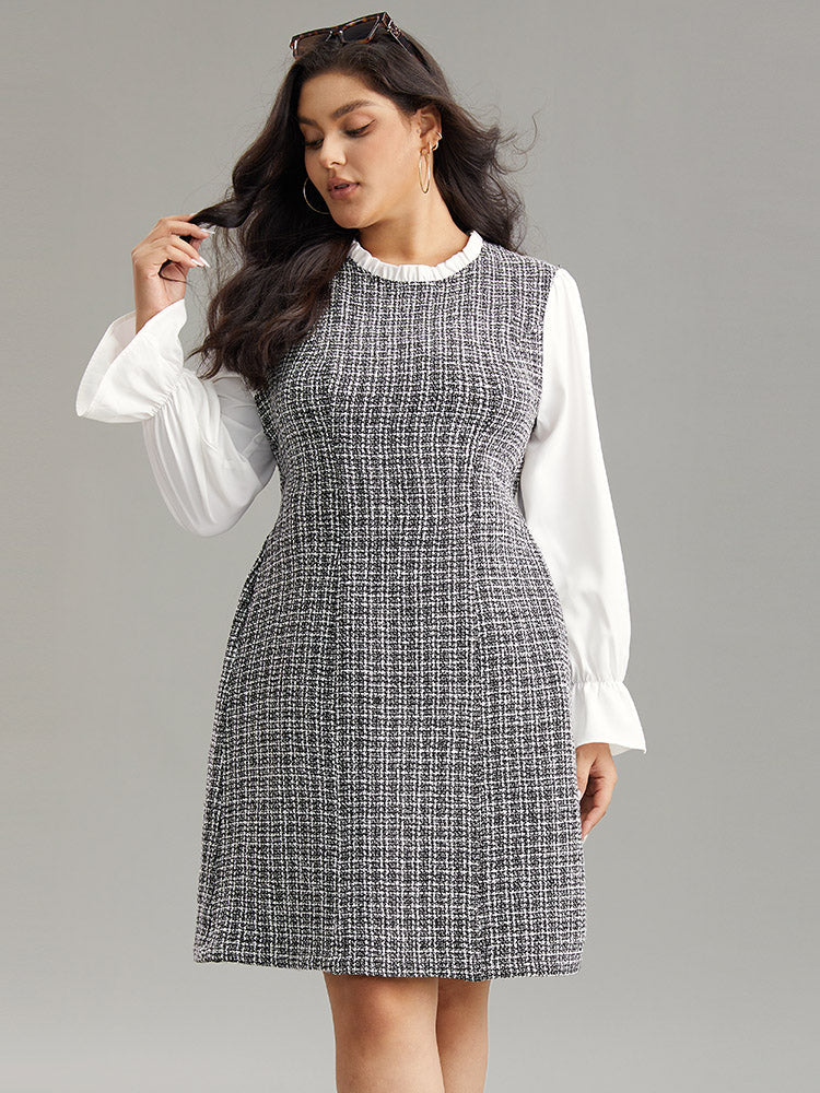 Plaid Patchwork Ruffle Trim Knee Dress