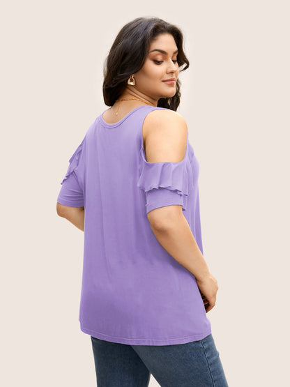 Solid Cold Shoulder Ruffle Trim T-shirt