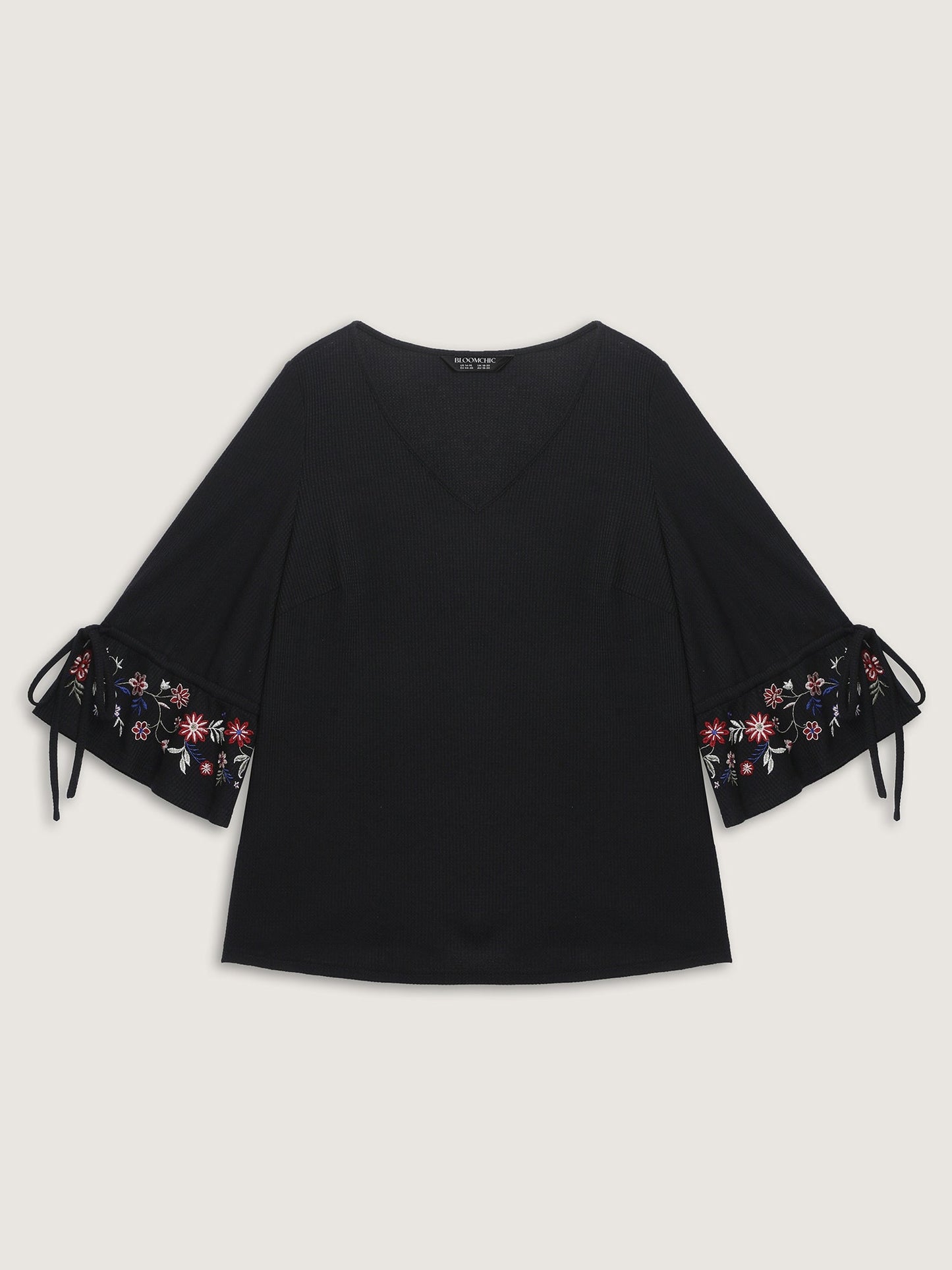 Floral Sleeve Embroidery Drawstring Knit Top