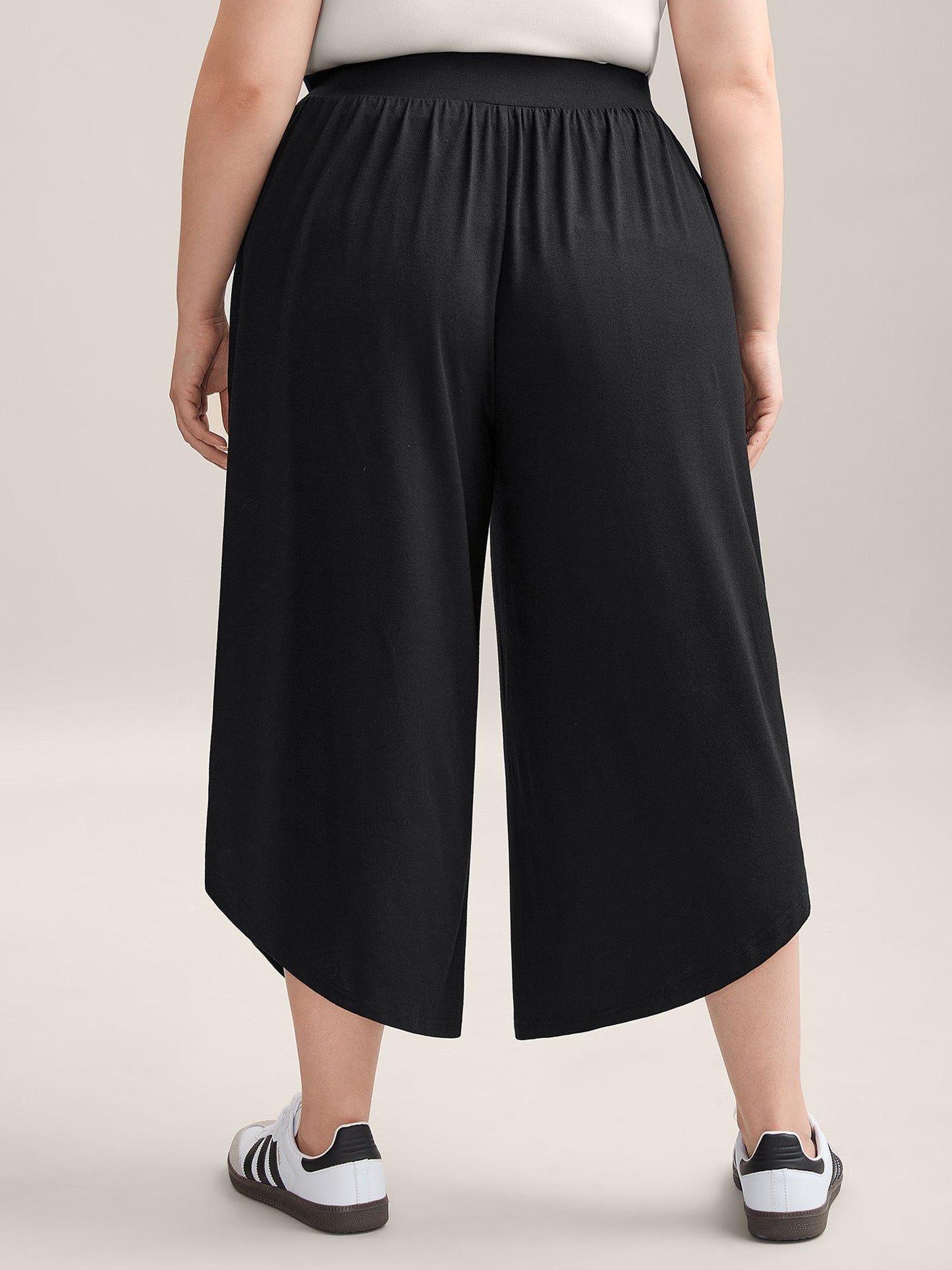 Rubber Waist Curved Hem Wide Leg Pants