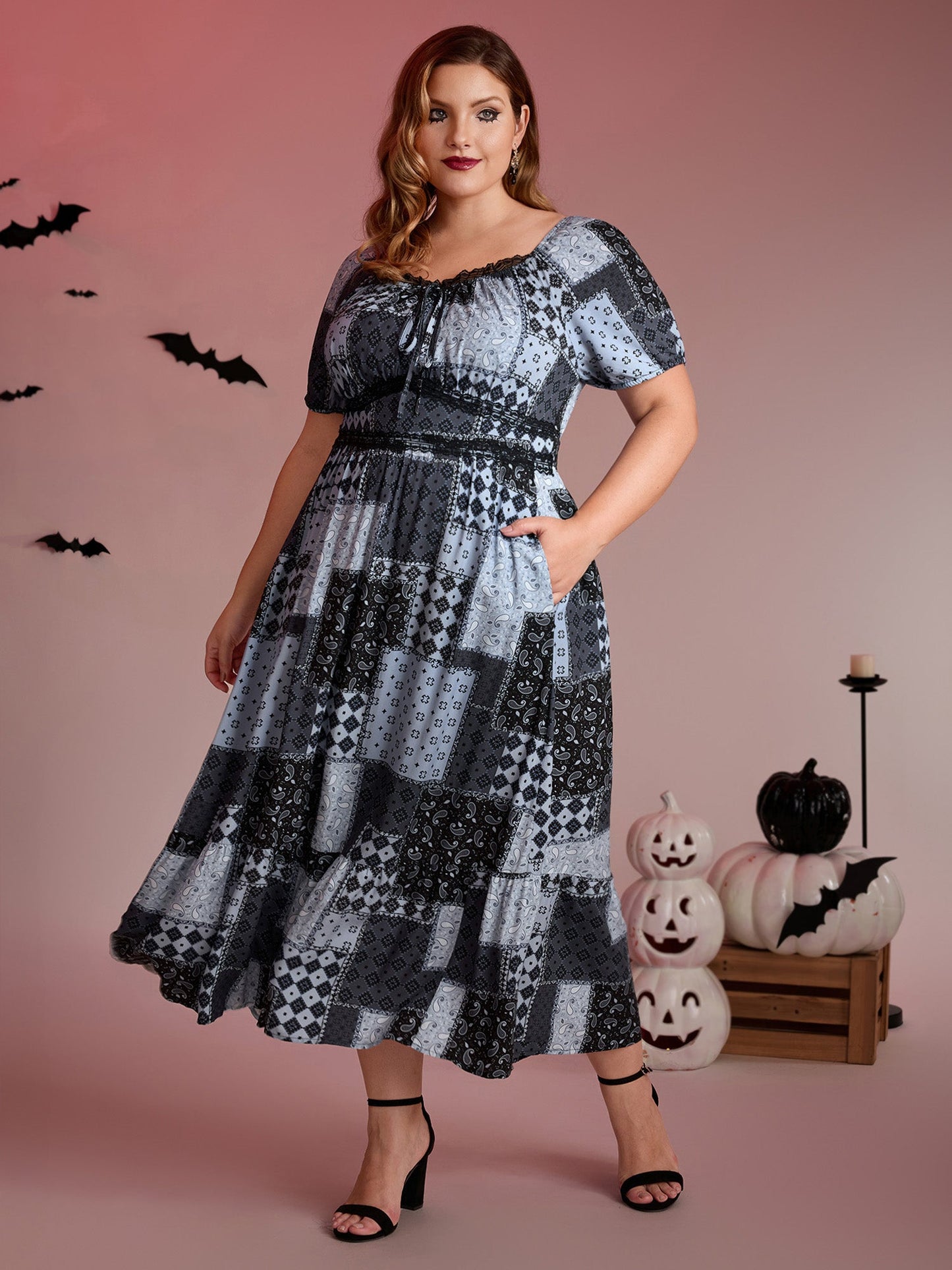 Paisley Collage Print Lace Trim Midi Dress