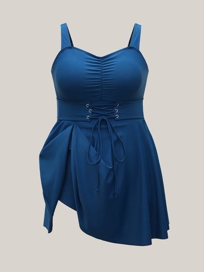 Waist-Tie Ruched Flared Swim Dress