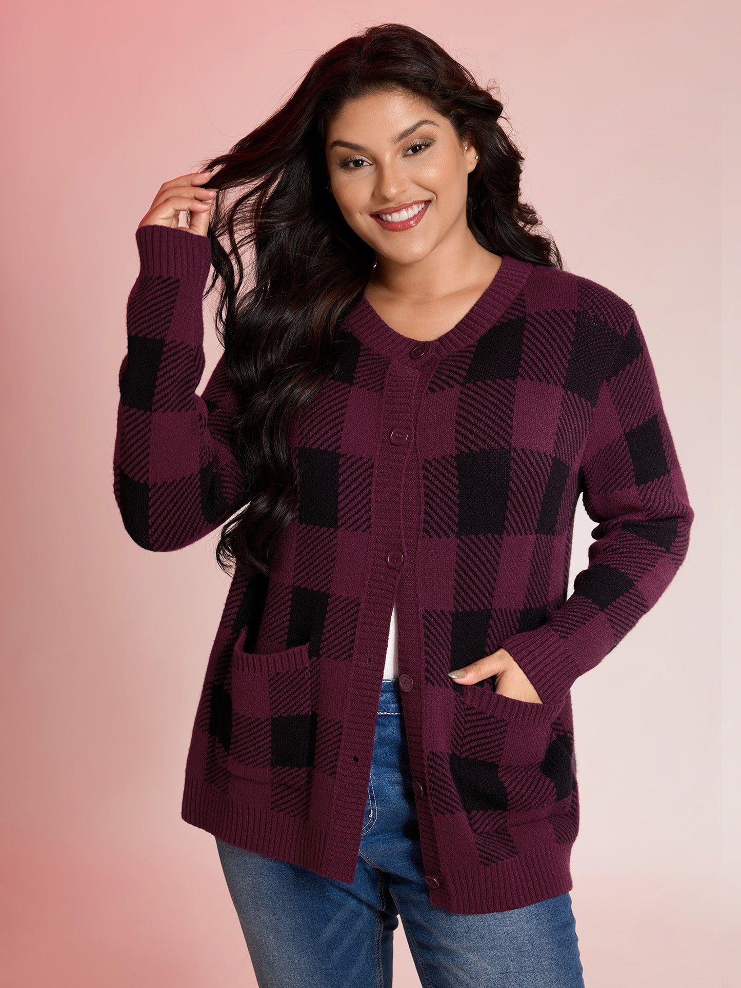 Checkered Jacquard Buttons Pockets Knit Cardigan