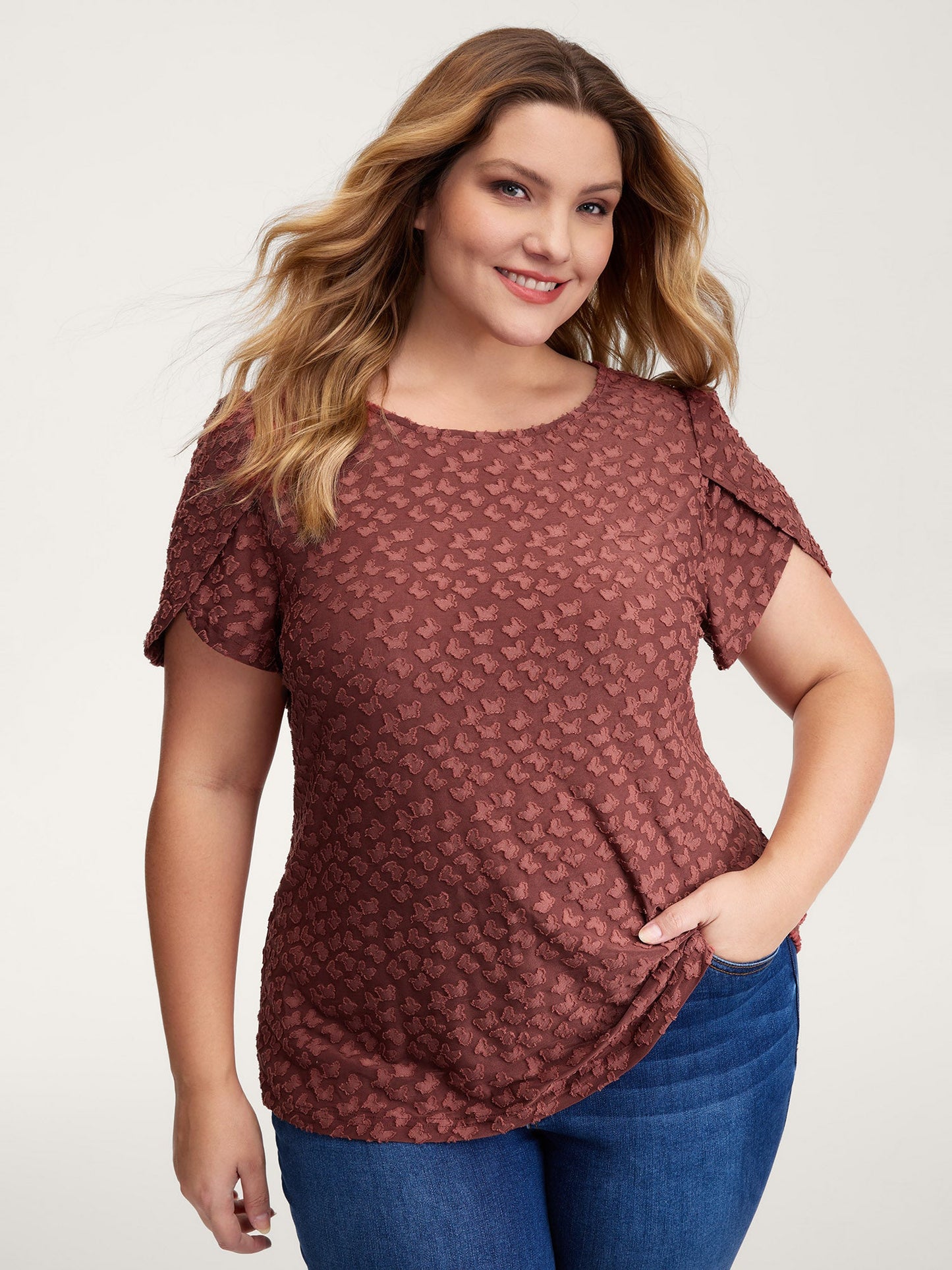 Textured Petal Sleeve Fitted T-Shirt