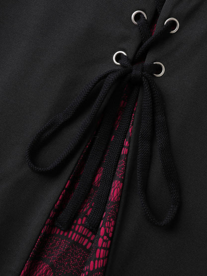 Skull Mesh Panel Cross-Tie Maxi Skirt