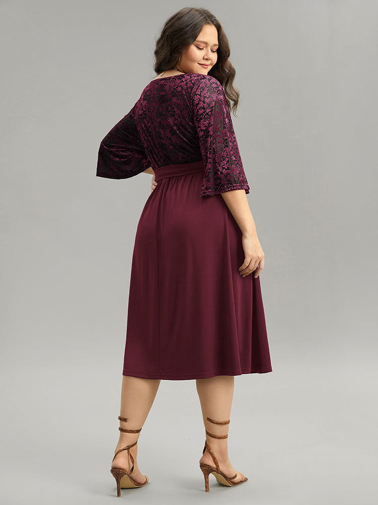 Silhouette Floral Print Belted Patchwork Velvet Dress