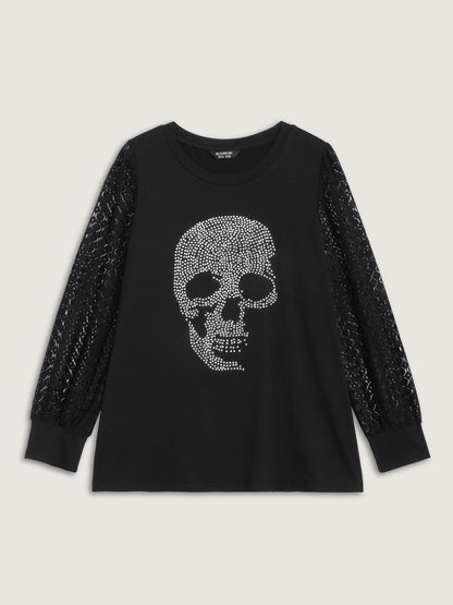 Halloween Skull Shimmery Rhinestones Lace T-Shirt