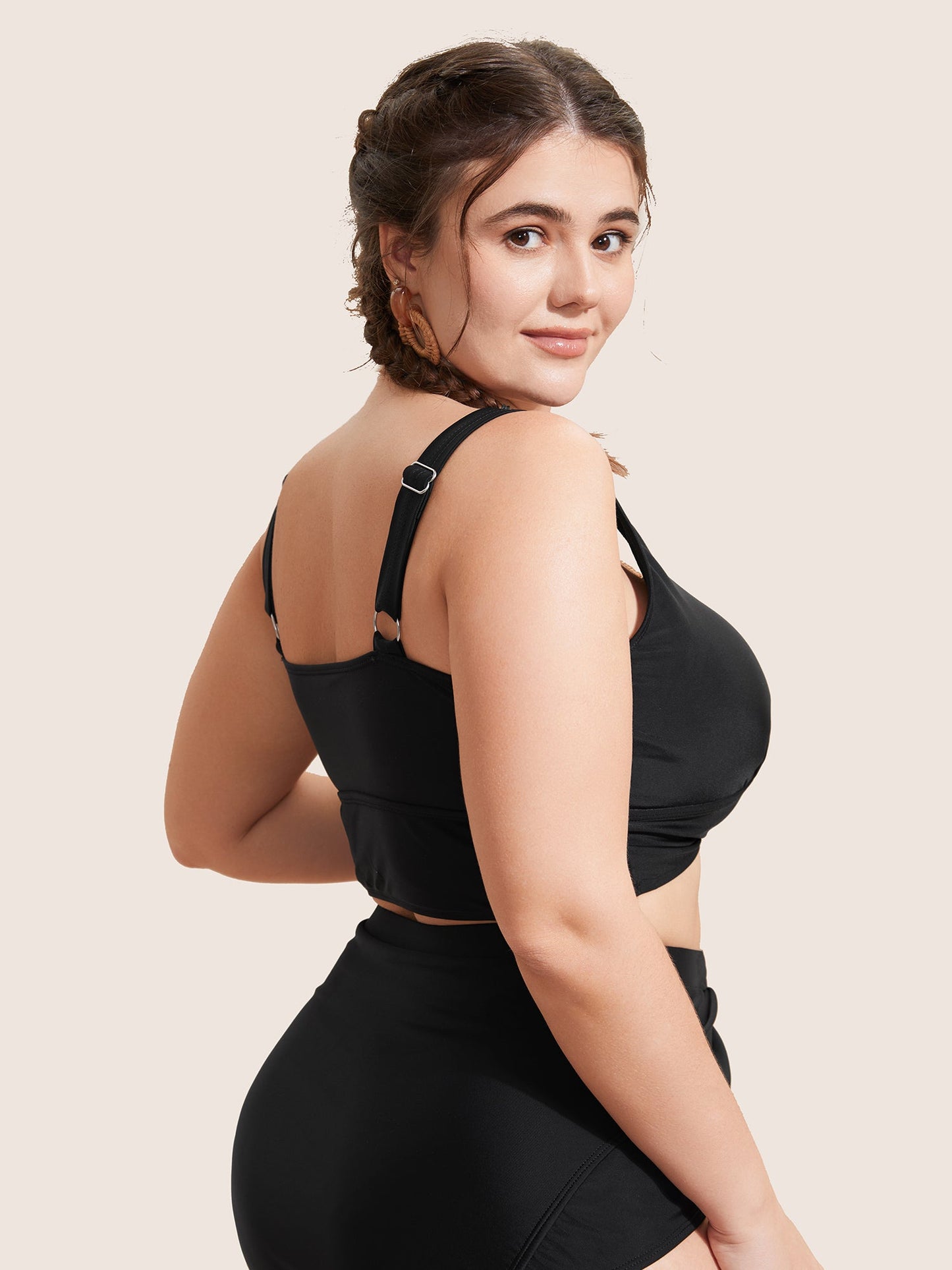 Solid Square Neck Adjustable Straps Swim Top