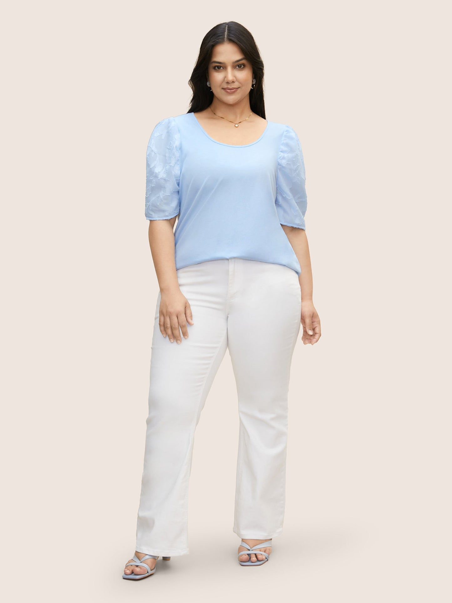 U Neck Chiffon Patchwork Bishop Sleeve T-shirt