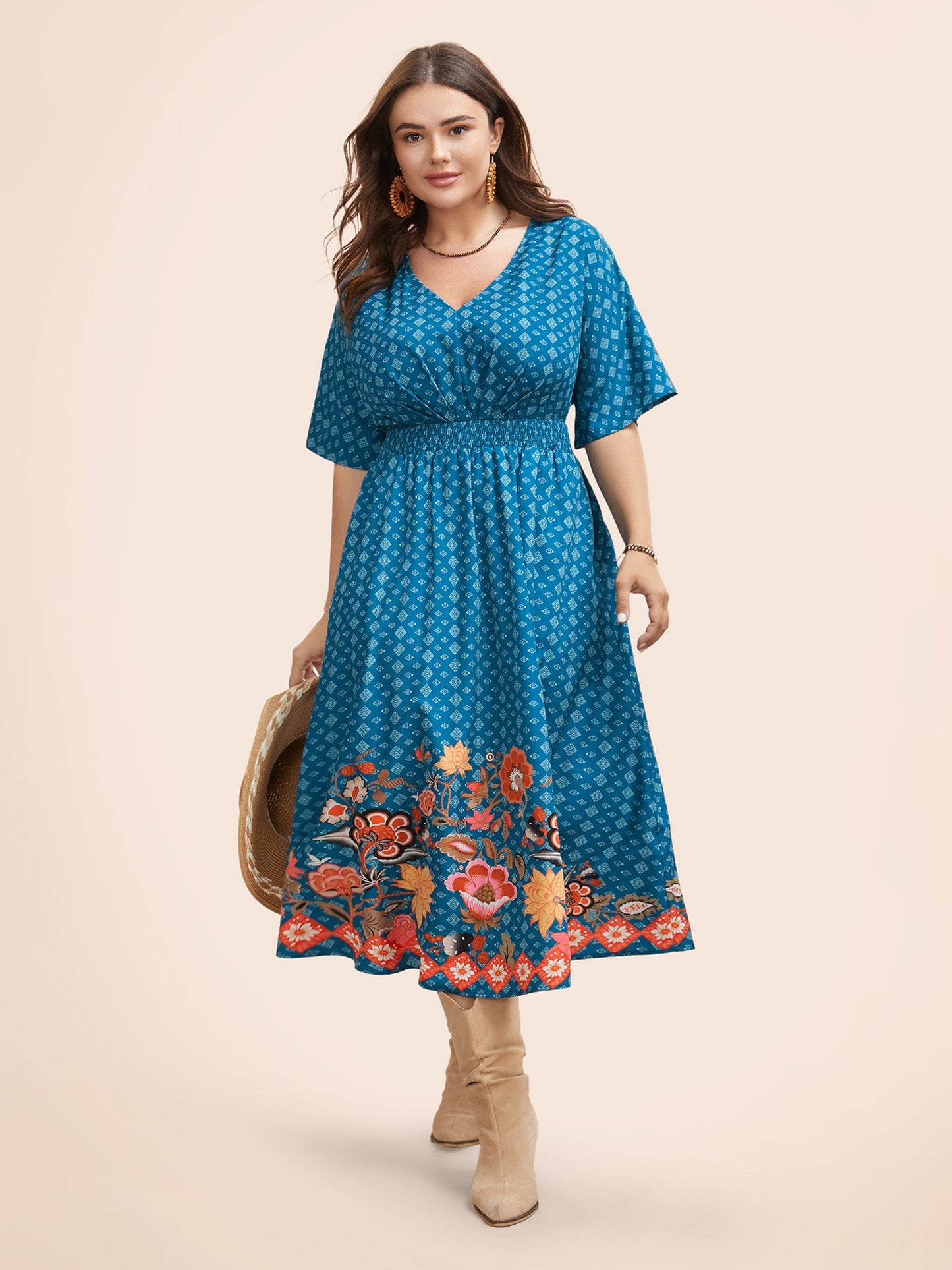 Boho Print Shirred Pleated Dolman Sleeve Dress