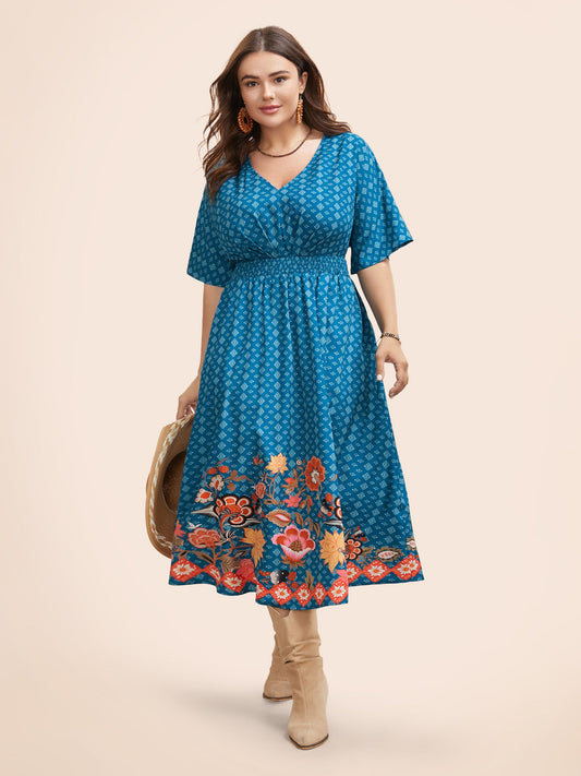 Boho Print Shirred Pleated Dolman Sleeve Dress