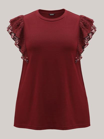 Eyelet Trim Flutter Sleeve Knit Top