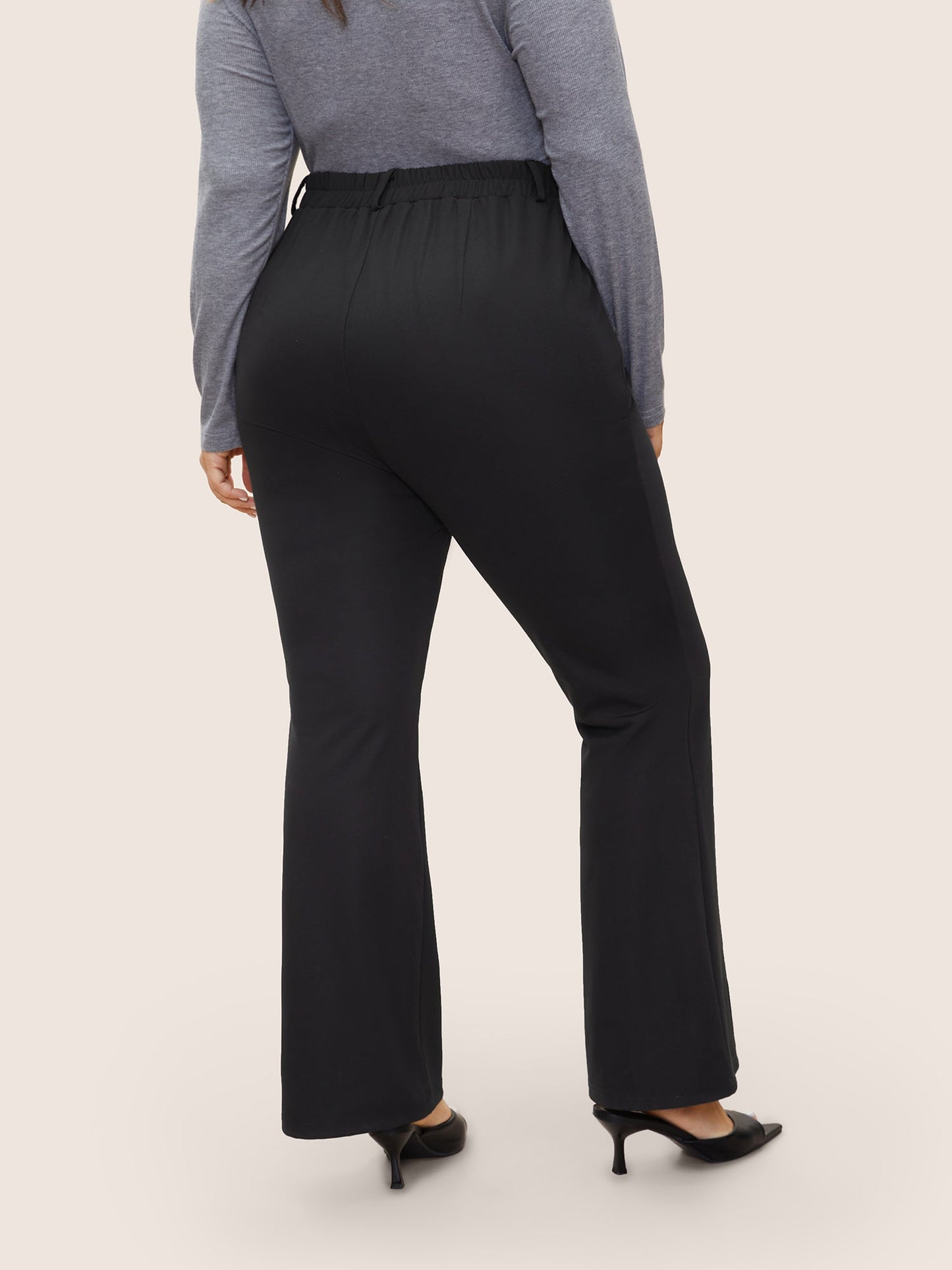 Solid High Rise Elastic Waist Flare Leg Pants