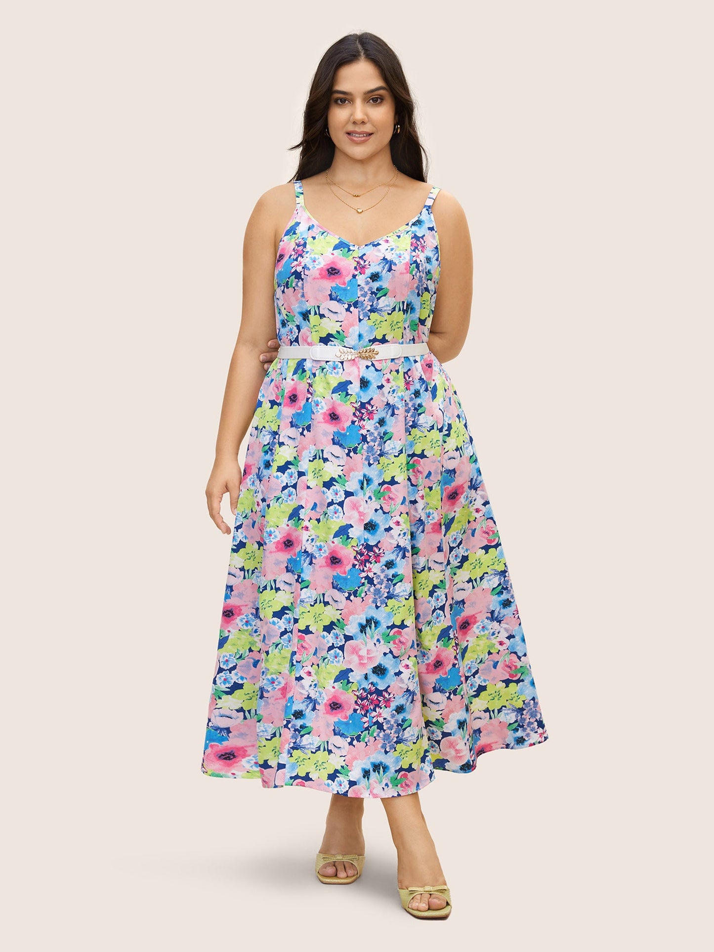 V Neck Watercolor Floral Pleated Maxi Dress