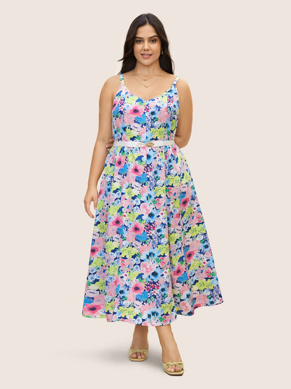 V Neck Watercolor Floral Pleated Maxi Dress