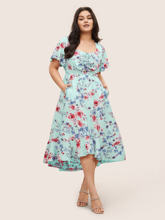 Square Neck Floral Print Gathered Drawstring Dress