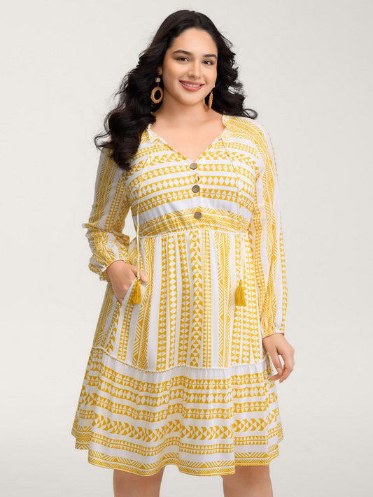 Rayon Boho Stripe Button Placket Midi Dress