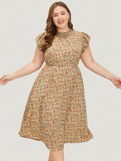 Ditsy Floral Ruffle Sleeve Pocket Frill Trim Mock Neck Dress