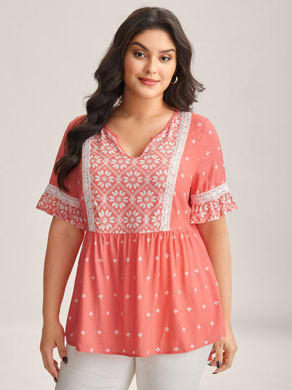 Boho Print Lace Babydoll Top