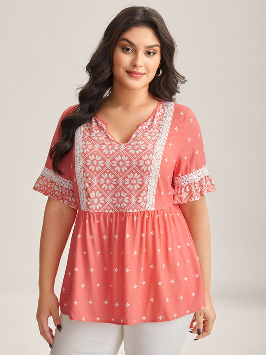 Boho Print Lace Babydoll Top