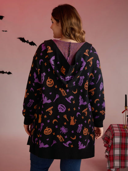 Halloween Party Print Hooded Pocket Cardigan