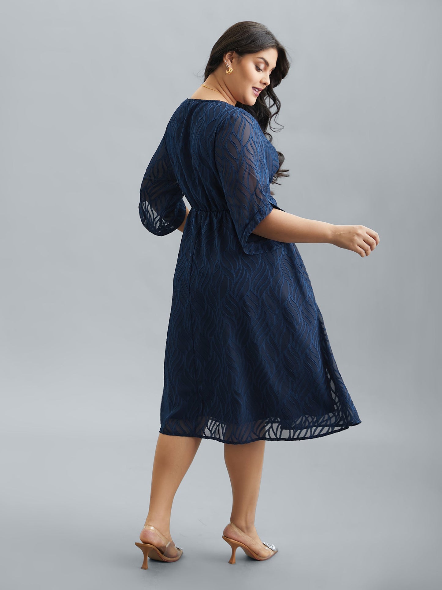 Chiffon Textured Sheer Sleeve Midi Dress