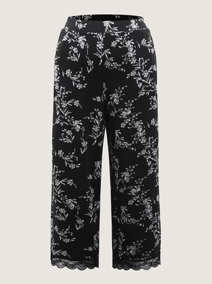 Romantic Floral Print Lace Lounge Bottoms