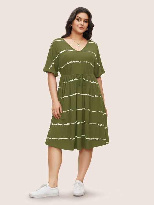Tie Dye Roll Dolman Sleeve Pocket Gathered Knot Striped Dress