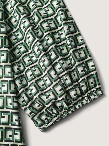 Geometric Print Neck-Tie Relaxed-Fit Blouse