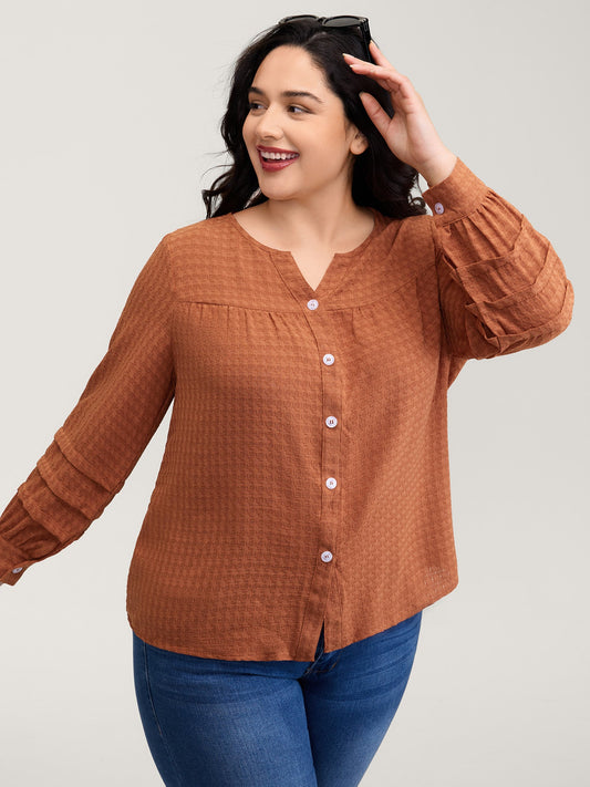 Textured Button Detail Pleated Button-Down Shirt