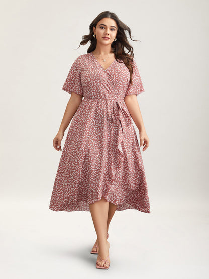 Ditsy Floral Print Stretchy-Waist Ruffle Midi Dress