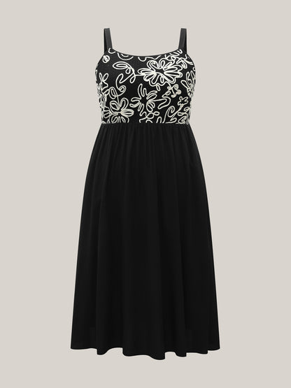 Floral Embroidered Pockets Spliced Midi Dress