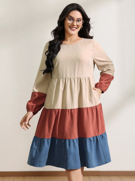 Color Contrast Tiered Round Neck Midi Dress
