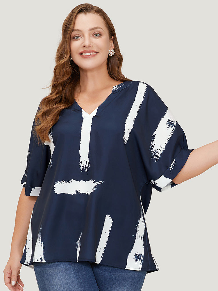 Brush Print Rolll Batwing Sleeve Blouse