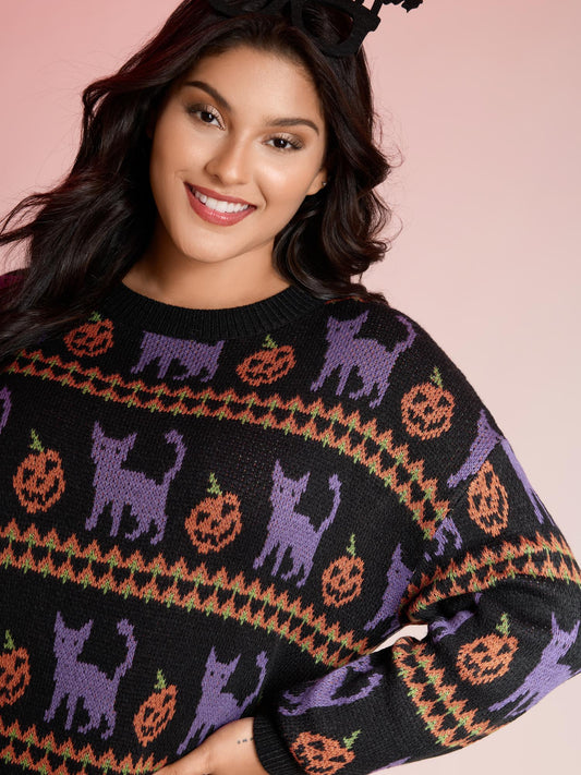 Cat Halloween Print Cozy Pullover