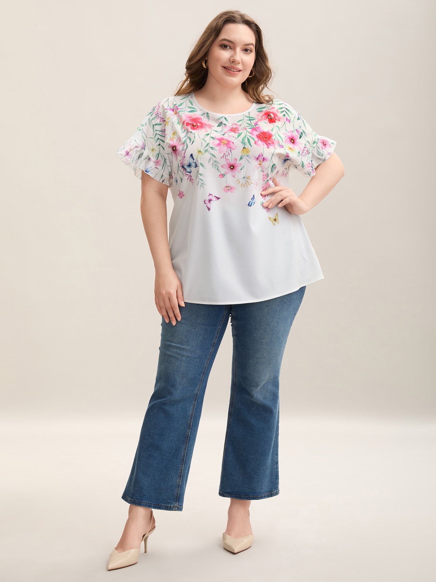 Floral Bodice Round Neck Flared Blouse