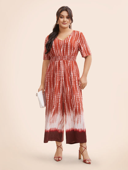 V Neck Gradient Dyeing Shirred Jumpsuit
