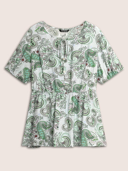 Paisley Print Knot Elastic Waist Blouse