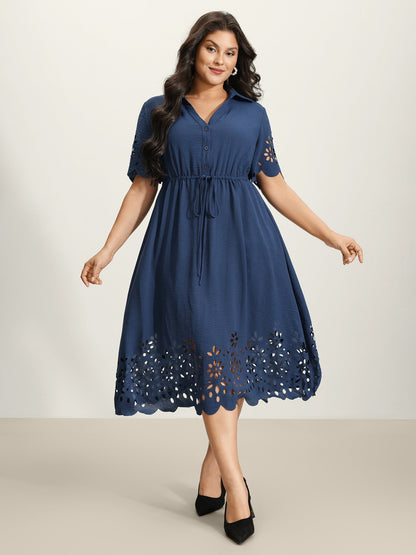 Laser Cut Scalloped Hem Waist-Tie Midi Dress