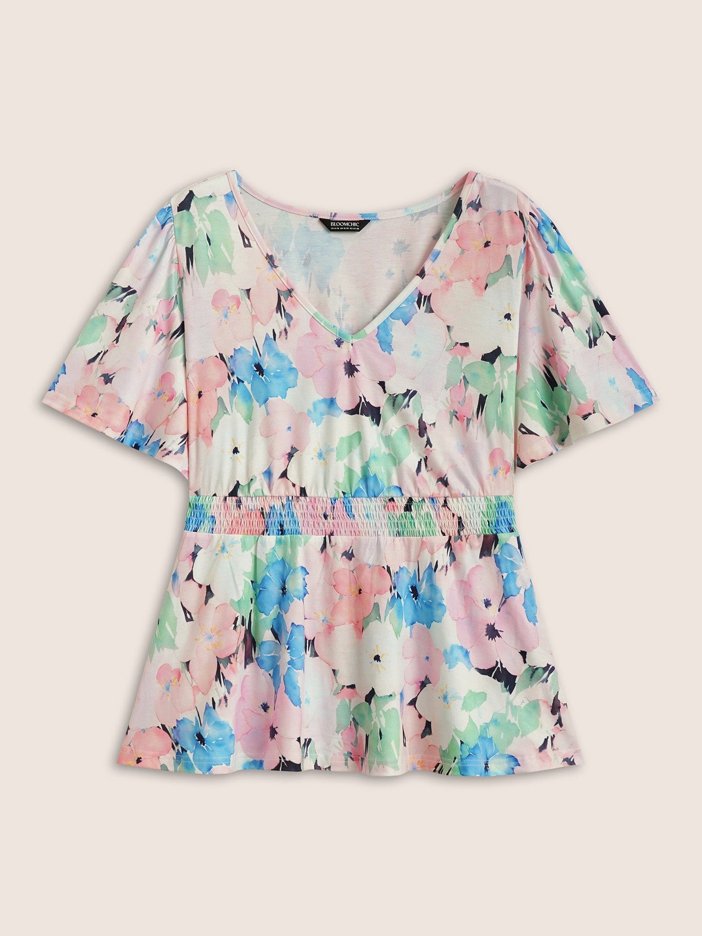 V Neck Floral Shirred Flutter Sleeve T-shirt