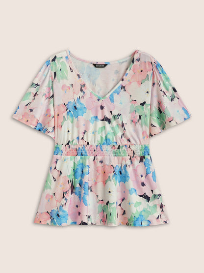 V Neck Floral Shirred Flutter Sleeve T-shirt