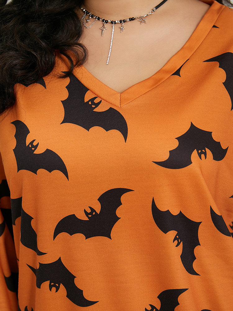 Halloween Bat Print V Neck Sweatshirt