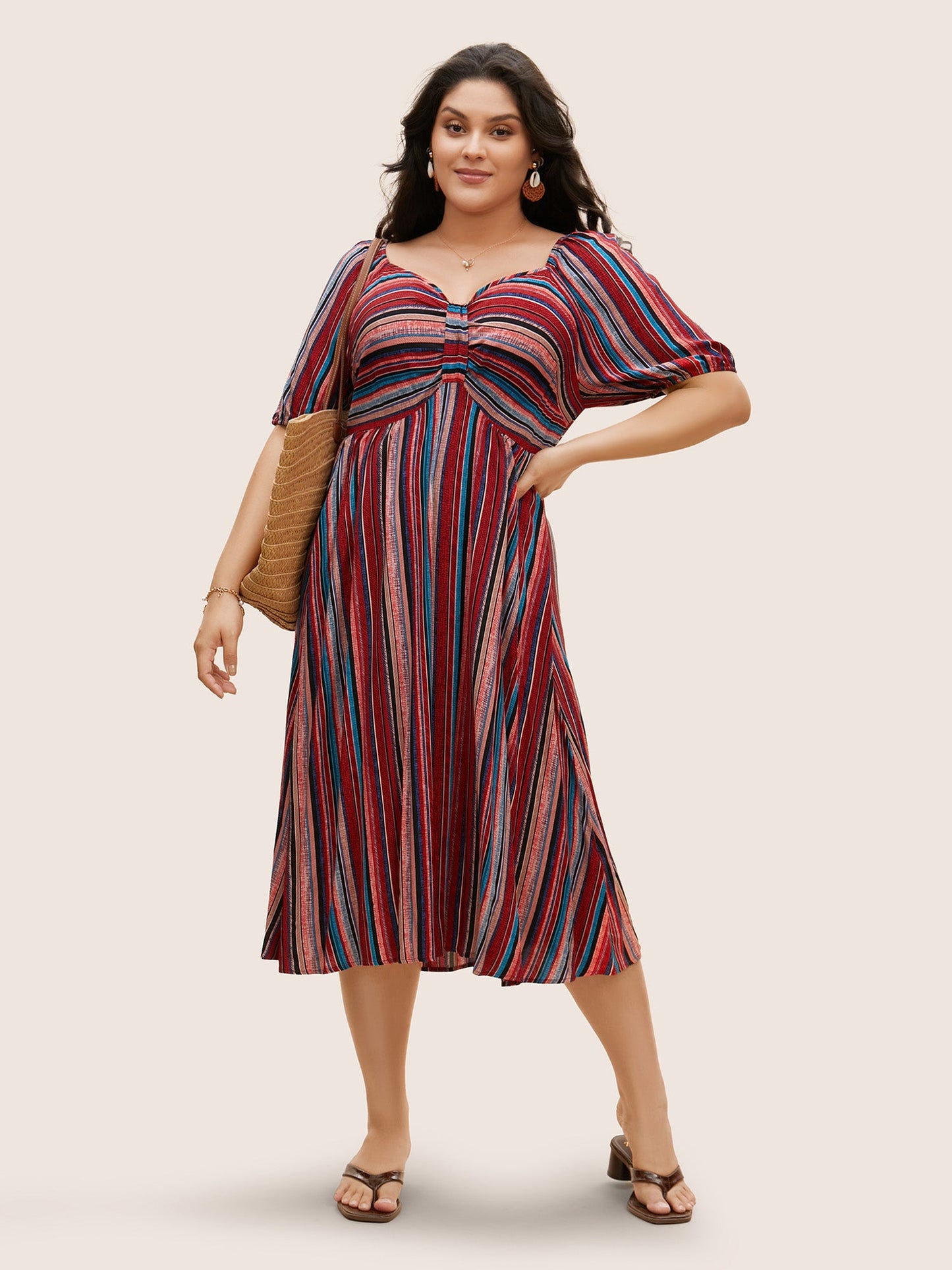 Heart Neckline Striped Lantern Sleeve Dress